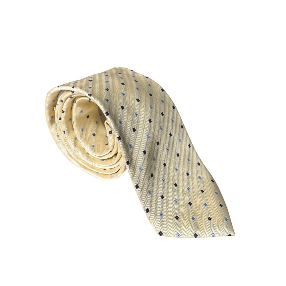 Charley Bay Cream yellow Herringbone Silk Navy Blue Geometric Pattern  Necktie